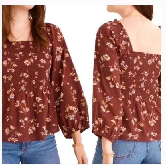 Madewell Tops - NWT Madewell Lucie Maroon Floral Smocked Square Neck Blouse